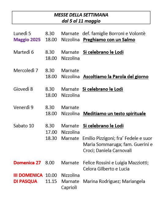 CELEBRAZIONI DELLA SETTIMANA