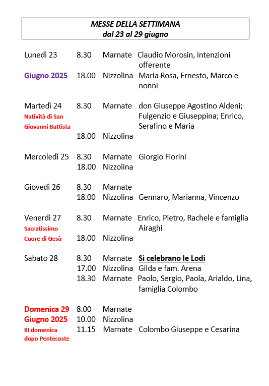 CELEBRAZIONI DELLA SETTIMANA