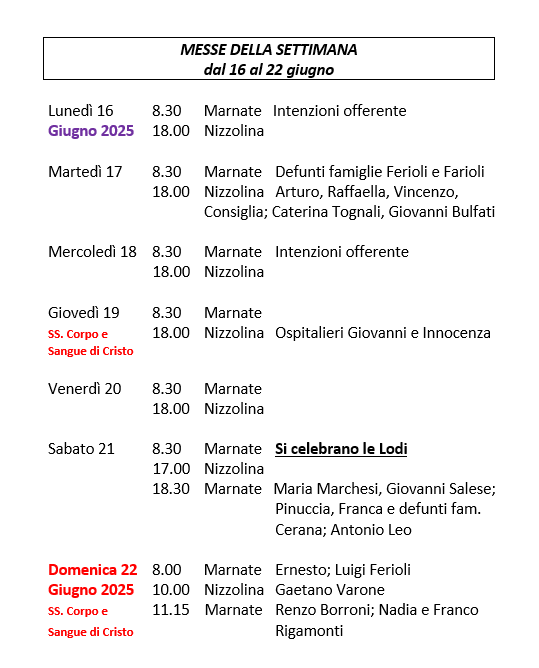 CELEBRAZIONI DELLA SETTIMANA