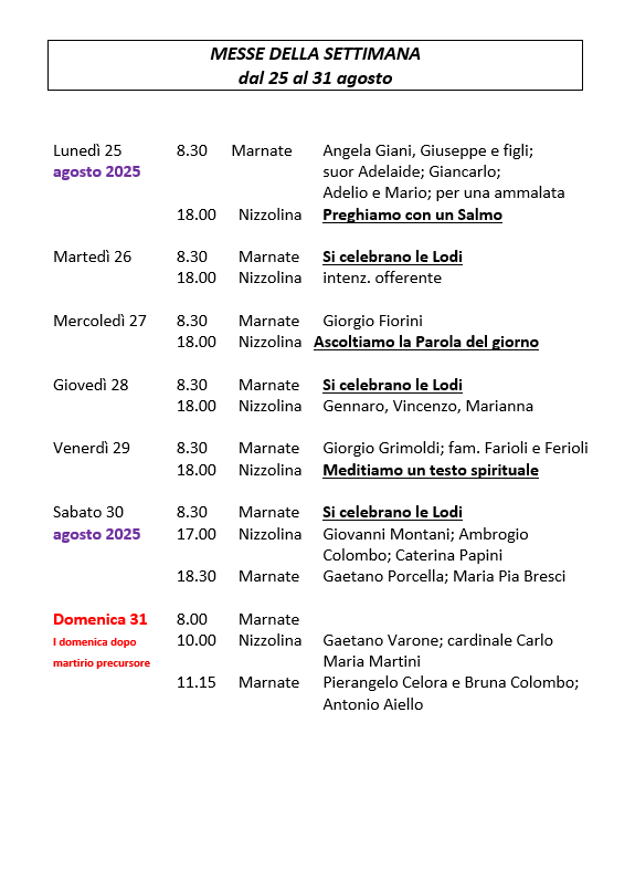 CELEBRAZIONI DELLA SETTIMANA