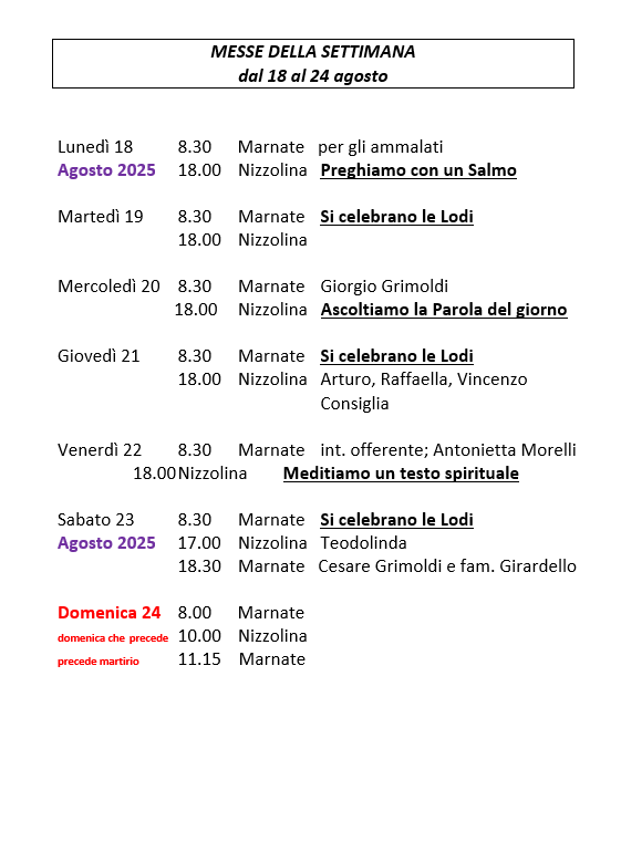 CELEBRAZIONI DELLA SETTIMANA