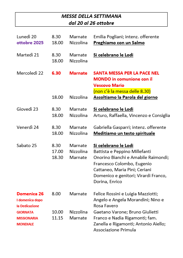 CELEBRAZIONI DELLA SETTIMANA