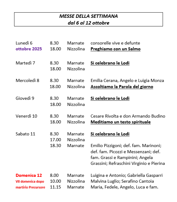 CELEBRAZIONI DELLA SETTIMANA