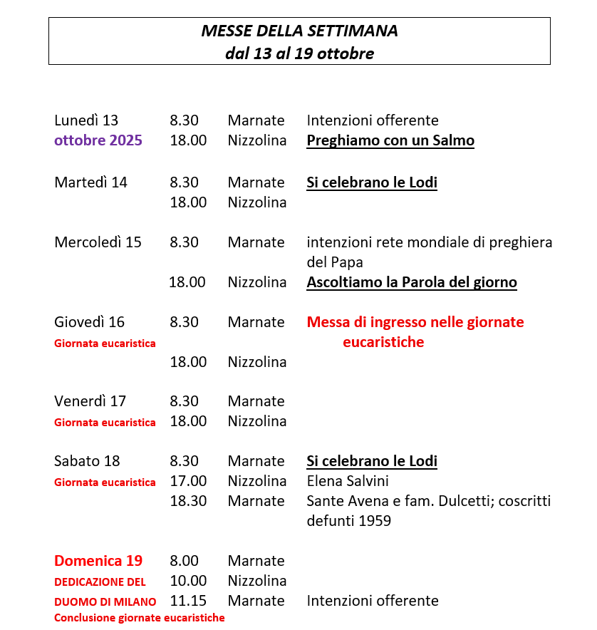 CELEBRAZIONI DELLA SETTIMANA