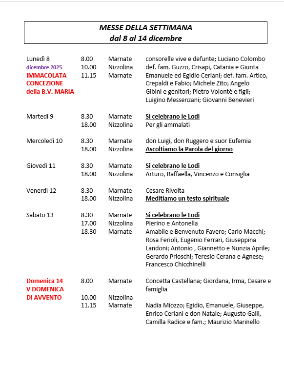 CELEBRAZIONI DELLA SETTIMANA